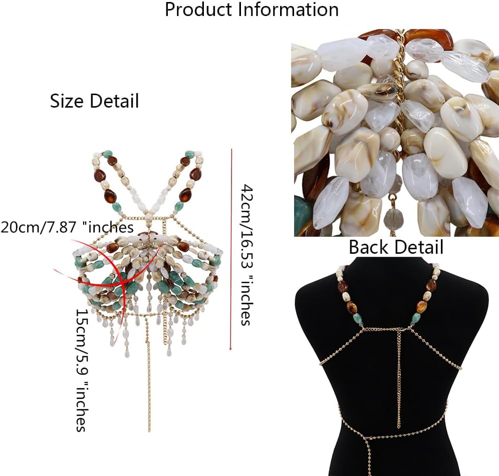Bohemian style Halter Top Body Chain Mermaid Bra Top Rhinestone Beads Bikini Body Jewelry Bra Bracelet for Party Outfit Rave Costume