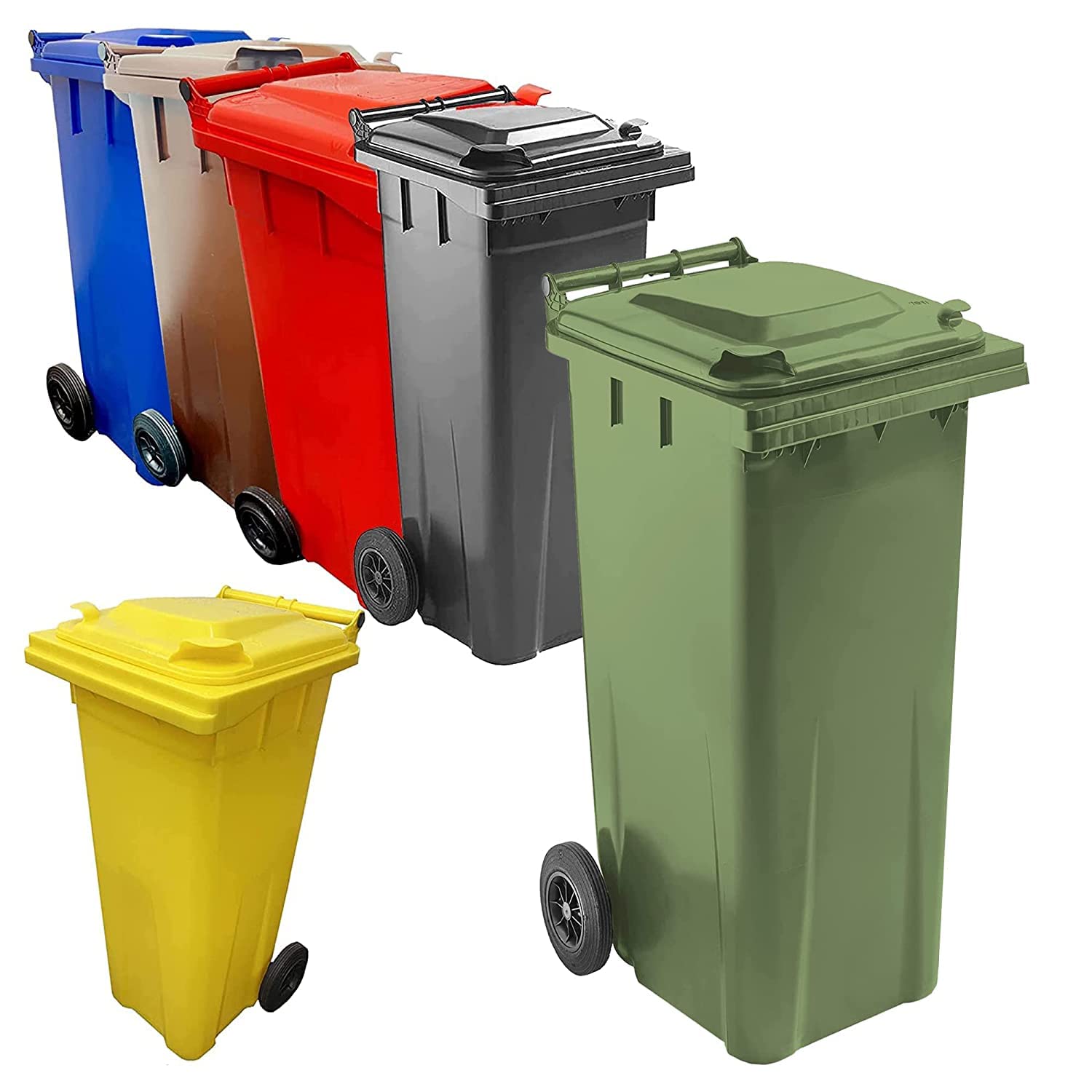 Pluto Packaging 140 Litre Coloured Wheelie Bins Compact Sized Red Blue Green Grey Brown & Yellow For Home Office Strong Disposal Bins With Rubber Wheels & Lids (Grey)