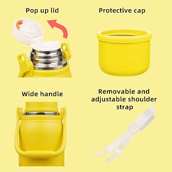 BJPKPK Stainless Steel Insulated Bottle with Handle & Strap, 50oz | Leak-proof vacuum insulation keeps drinks cold/hot for hours. BPA-free, dishwasher safe. Includes handle & strap. Yellow.