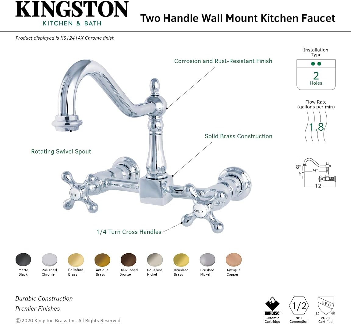 Kingston Brass Heritage 8-Inch Centerset Wall Mount Kitchen Faucet, Antique Brass