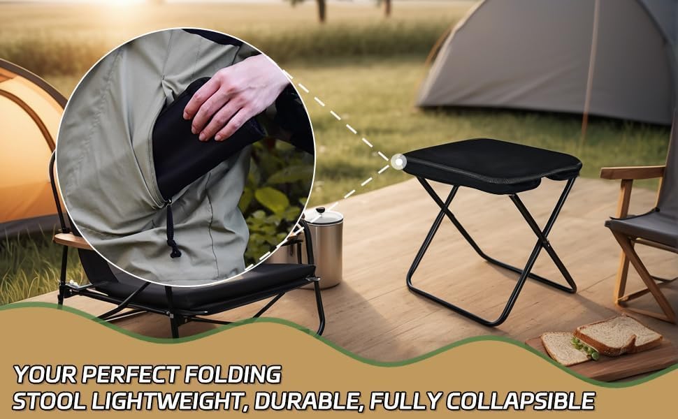 Image of Folding Stool Portable Mini Camping Stool with Carry Bag - Lightweight Foldable Outdoor Seat with Metal Frame and Fabric Top for Travel Fishing Hiking Garden Picnic (Black)