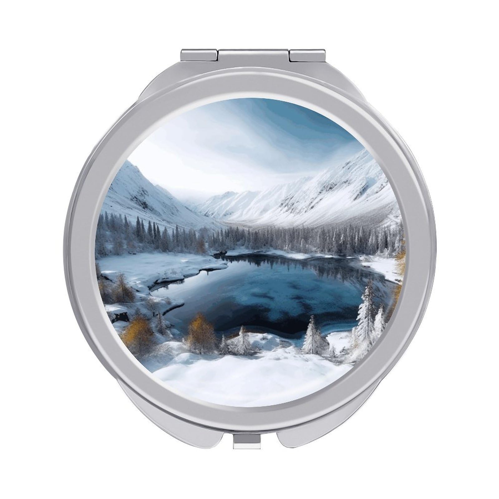JTREHY Winter Mountains Snow Scene Makeup Mirror Portable Folding Mirror Compact Travel Mirrors 2-Sided Round Pocket Mirrors Cute Handheld Beauty Mirror for Handbag Purse for Women Gift