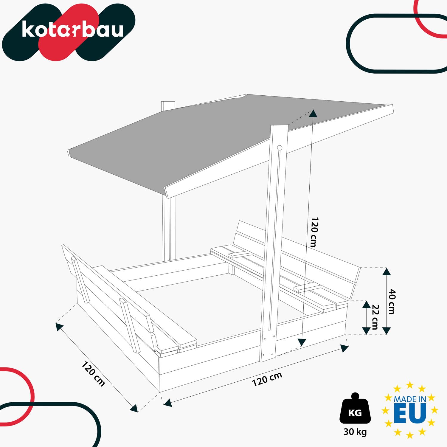KOTARBAU® Sandkasten mit Dach - 120 x 120 cm - Holz Sandkasten mit Abdeckung & Sitzbänken - Sandkiste - Gartenspielzeug für Kinder - mit Deckel & Sonnenschutz in Grau - Holz - Natürlich