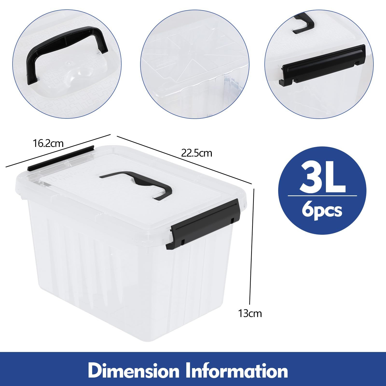 Lesbye Small Storage Containers, Plastic Storage Boxes with Lid and Closing Clips, 3L, Set of 6, Clear - Image 2