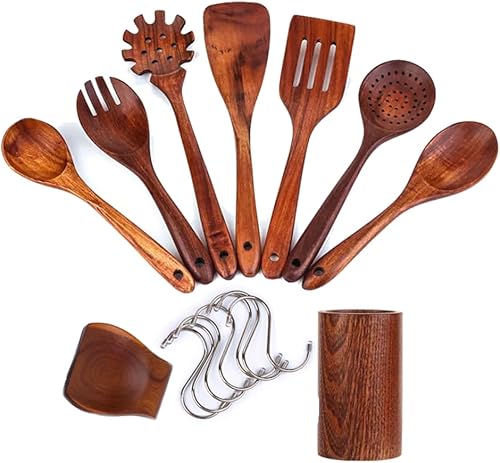Juego de 9 utensilios de cocina de teca de alta calidad, utensilios de cocina de madera, utensilios de cocina de madera, utensilios de cocina de