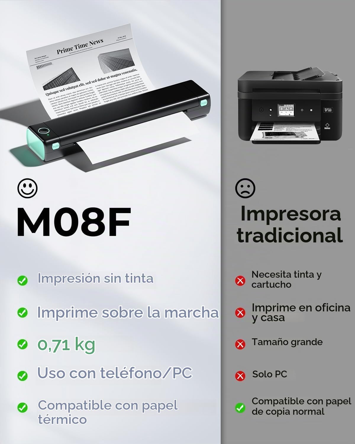 Phomemo Impresora térmica portátil M08F - Impresoras móviles inalámbricas A4 para uso doméstico, oficina, vehículos, coche, impresora Bluetooth sin tinta compatible con teléfono y laptop