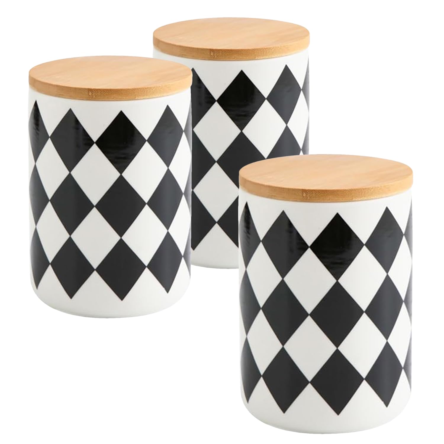 Kuber Industries 800ml Ceramic Jar for Kitchen Storage | Air Tight Container Set with Bamboo Lid | Kitchen Container for Snacks, Tea, Sugar | Multipurpose Organizer | Diamond pattern (Pack of 3)