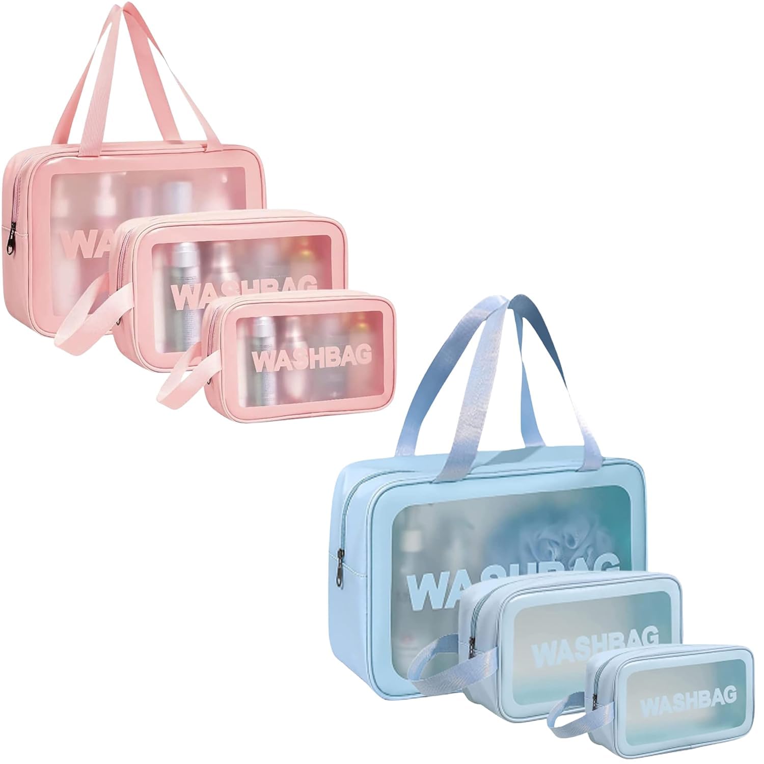 waterproof wash bag pouch for travel kit toiletry bag pink faux leather, 3-piece travel makeup, brushes & accessories toiletry organiser with clear window (black) (blue-pink)