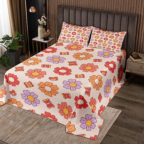 Erosebridal Groovy Flower Queen Quilt Set Purple Pink Floral Coverlet Set for Girls, Cute Butterfly Bedding Set Orange Red Vintage Blossoms Bedspread Set, Hippie Fashion Bed Quilt 3pcs