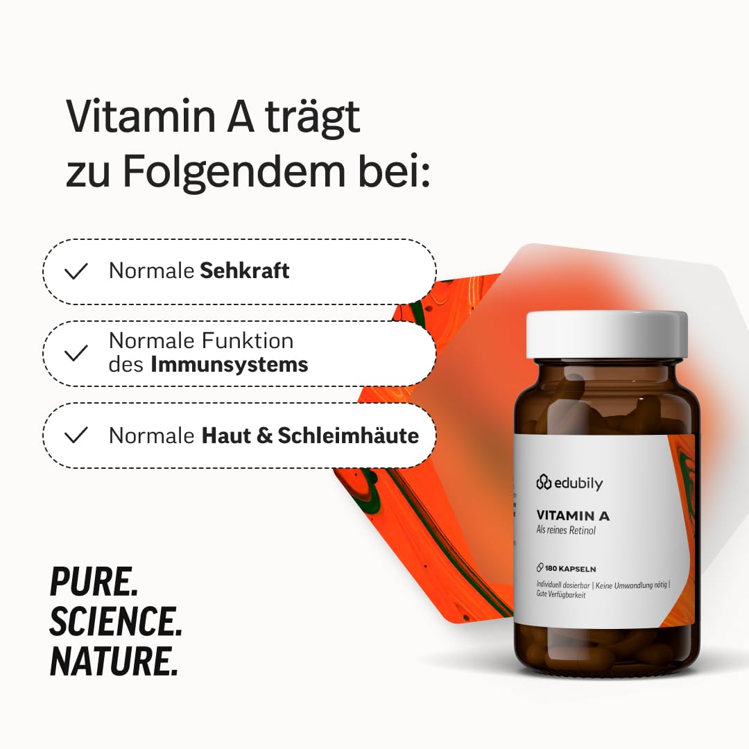 edubily® Vitamin A Retinol - Vitamin A Kapseln als Retinol für die tägliche Ergänzungsroutine - mit 2000 I.E. Retinylacetat pro Kapsel - Laborgeprüft - 1 Kapsel täglich (180 Kapseln, vegan)