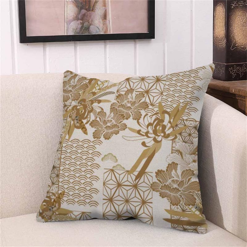 Image of Throw Pillow Covers Japanese Gold Floral and Geometric Tile Geometric Chinese Japanese Pillow Case 18x18 Inch Cushion Cover for Home Party