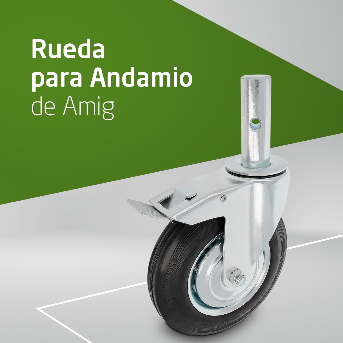 Amig - Rueda Andamio Macho con Freno - Ø200 mm - Núcleo Metálico y Banda de Goma - Rodamientos de Rodillos - Soporta 200 kg - Ideal para Andamios y Suelos Interiores/Exteriores - Ruedas Giratorias