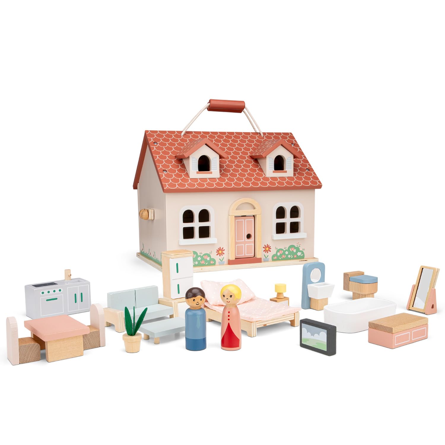 Woet® Casa de Muñecas Plegable de Juguete de Madera para Niños - con 18 Muebles y 2 Muñecas - Casa Portátil de Imitación - A Partir de 3 Años
