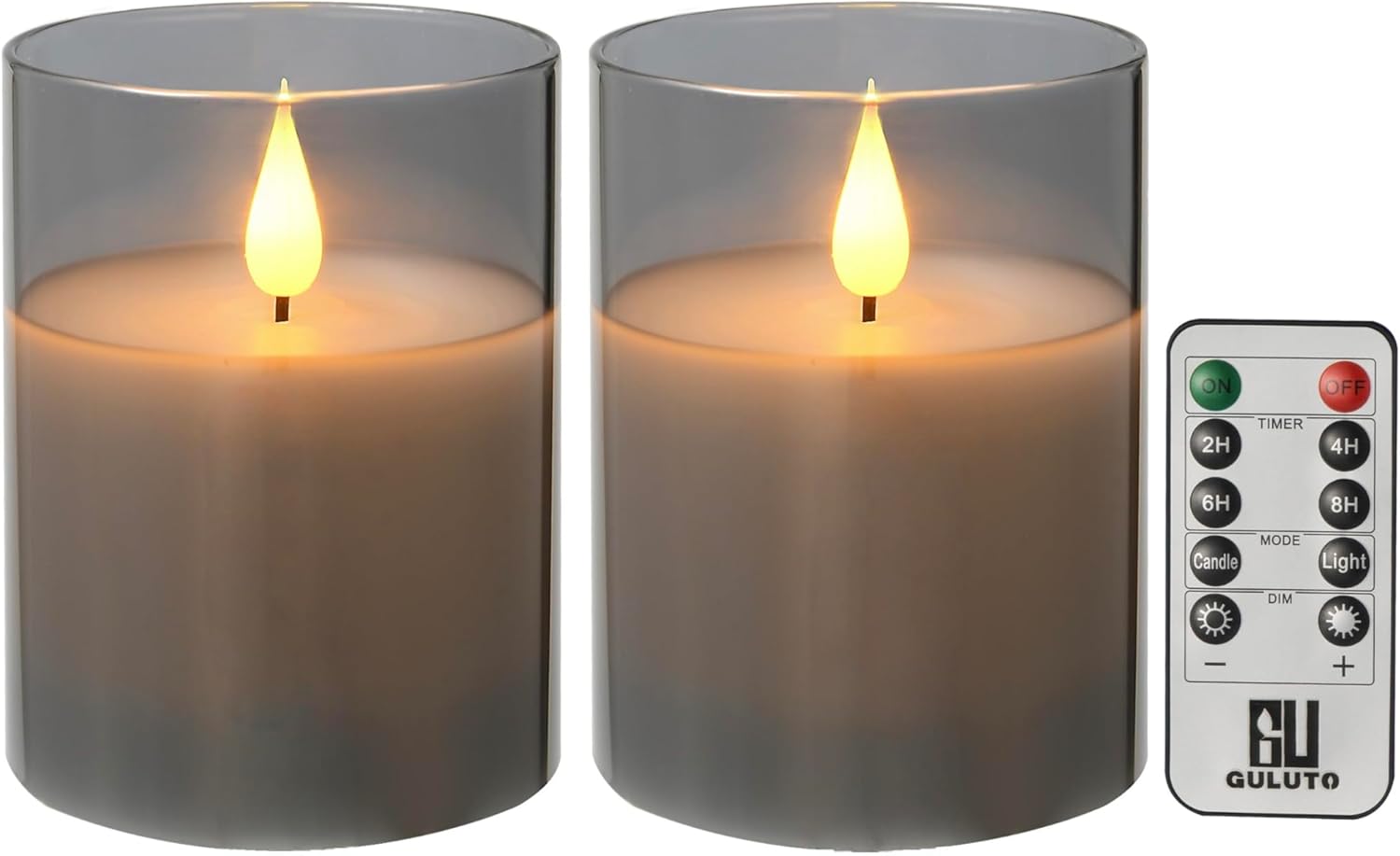 Glass Battery Operated LED Flameless Candles, Set of 2, D 3" x H 5", Real Wax Pillar Flickering Candles with Remote and Timer, Electronic Candle with 3D Wick for Festival Home Party Decor Grey