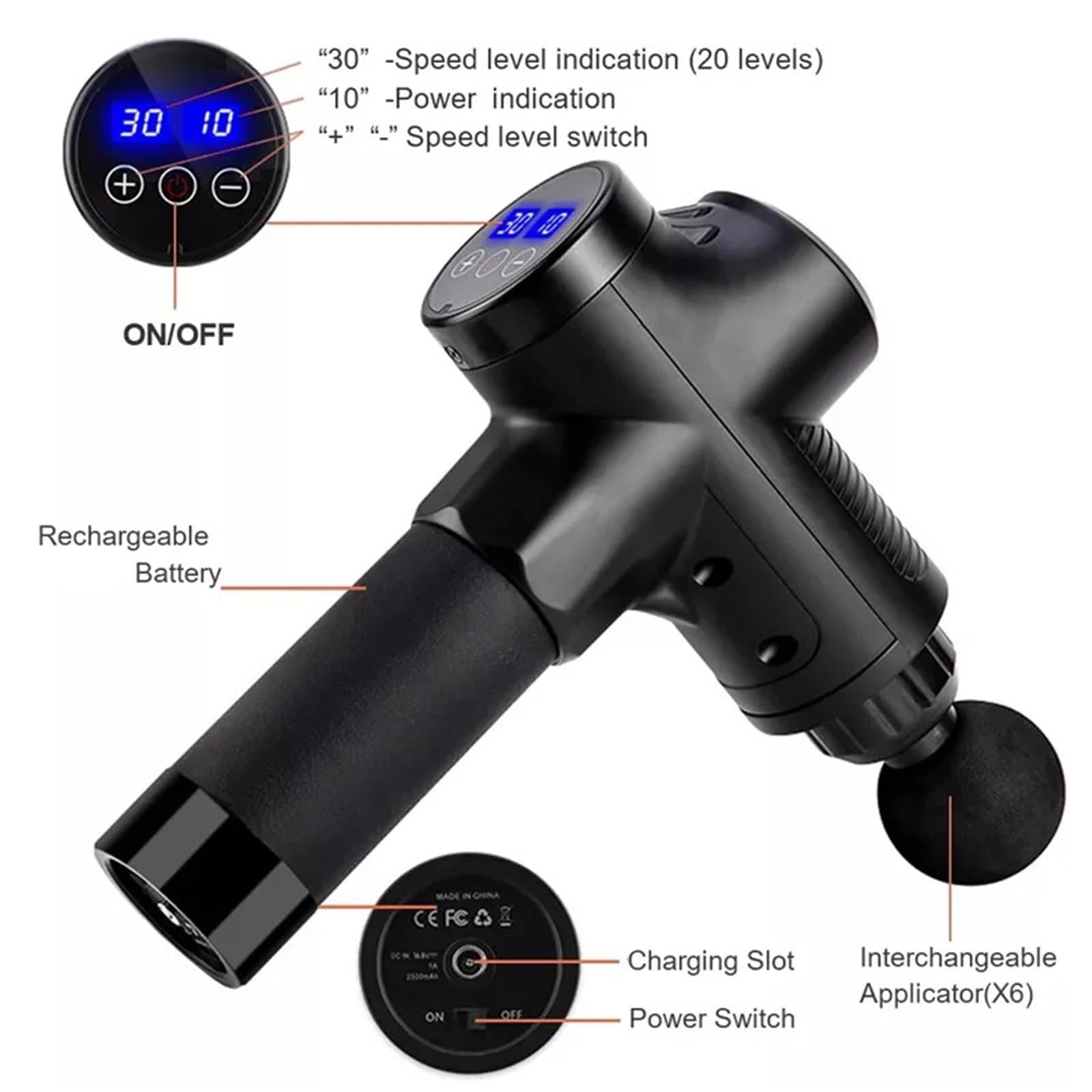 Pistolet do masażu, Elektryczny Pistolet Do Masażu Masażer Mięśni Głębokich Tkanek Ręcznego Urządzenia Perkusyjnego Szyi I Pleców Relaksu dla mężczyzn/kobiet(Carbon brazing)