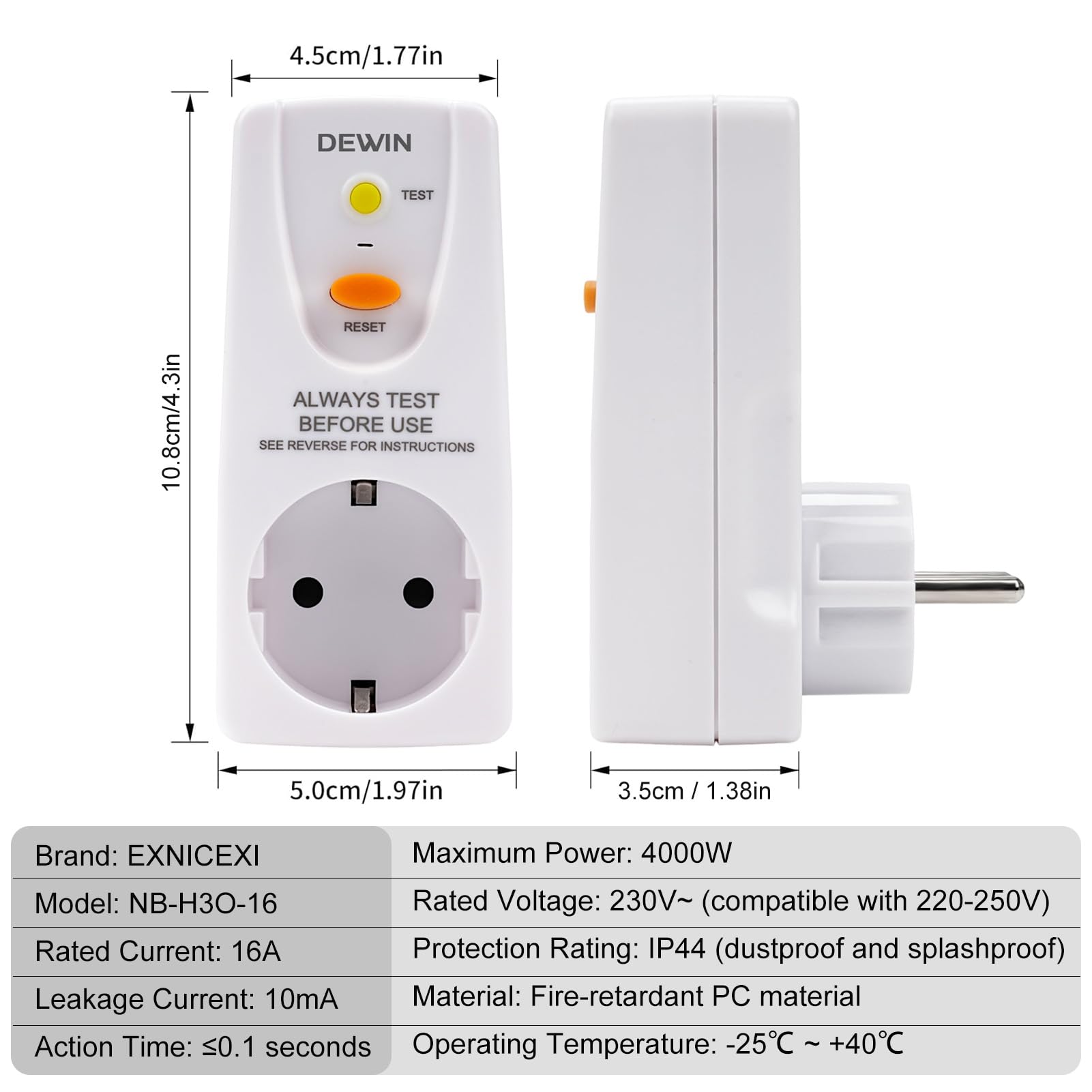 FI Prise de Disjoncteur 10mA, 16A 230V Prise de Protection Différentielle Prise de Sécurité GFCI, Coupure Rapide 10 mA, Prise de Disjoncteur Différentiel de Sécurité Domestique (Lot de 2)