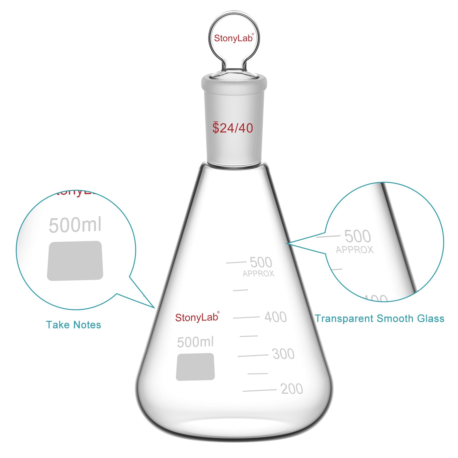 stonylab Matraz Erlenmeyer 24/40 de Vidrio con Tapón, 500 ml Frasco de Pared Gruesa de Vidrio Borosilicato con Junta Exterior Cónica Estándar 24/40 y Tapón de Vidrio