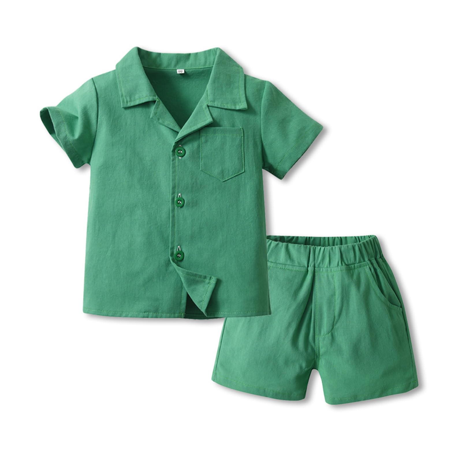 AngelBabies Kurzarm-Set für Jungen Einfarbiges Baumwollhemd mit Reverskragen Bequeme Shirts Lässige Shorts Atmungsaktiv Schnell Trocknend Oberteil Sommer Alter 2-6 Jahre