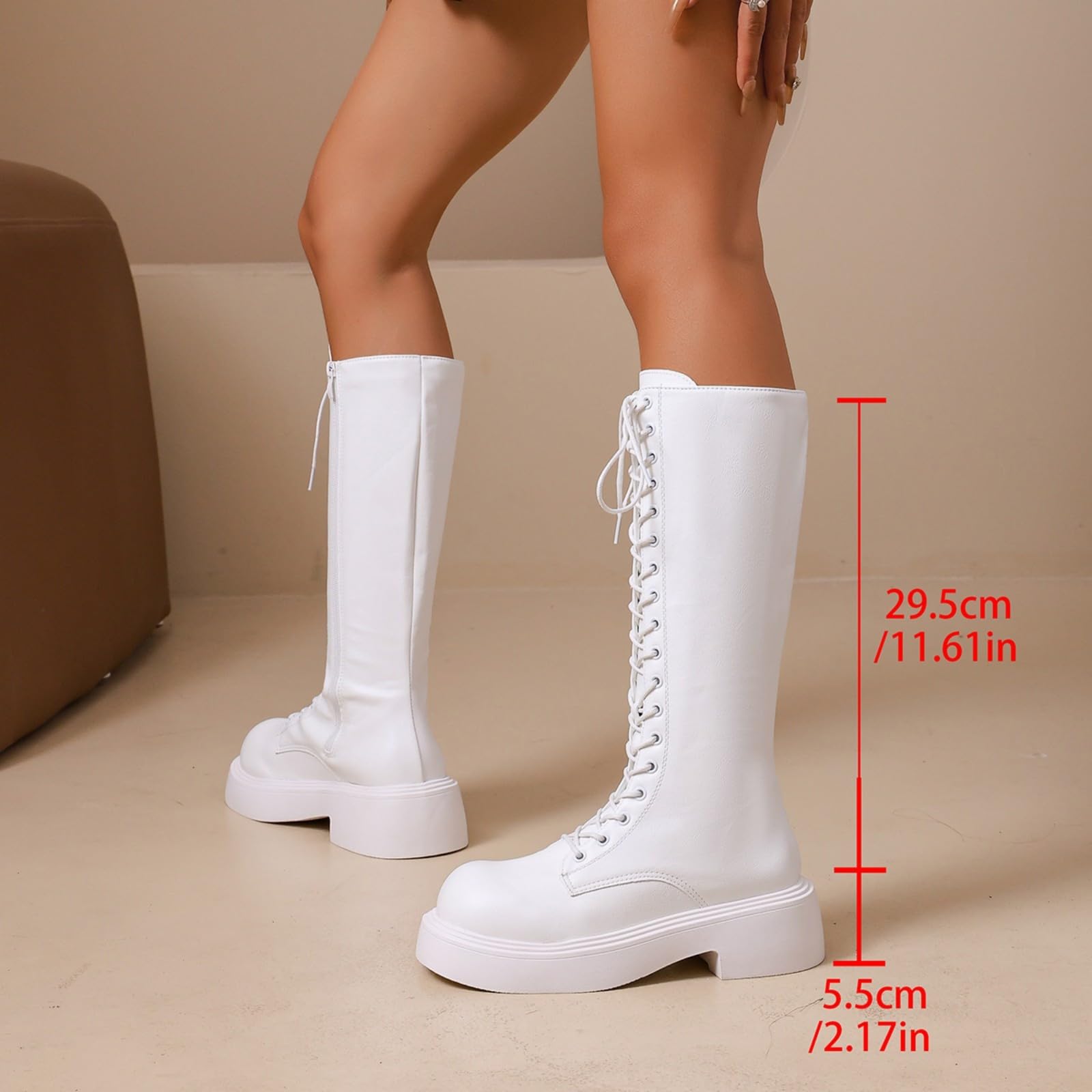 Schnürstiefel Damen Kniehoher Schaft mit Profilsohle und Runde Zehenpartie