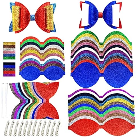 AOUXSEEM 12 Set Faux Leather Hair Bows DIY Making Kit for Beginners, Shiny Superfine Glitter Fabric Pre Cut Pieces with Spring Clips for Women Girls Fashionable Hair Clips Gifts Cover