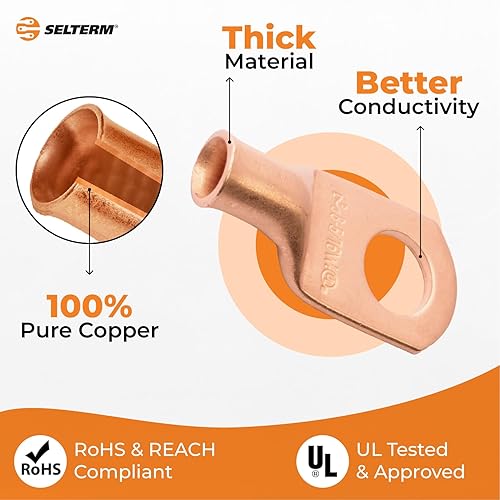 Miniatura 166 de SELTERM - 2 terminales de anillo resistentes para cable de batería, calibre 4 AWG, pernos de 3/8 pulgadas, terminales de calibre 4, ojales de cobre