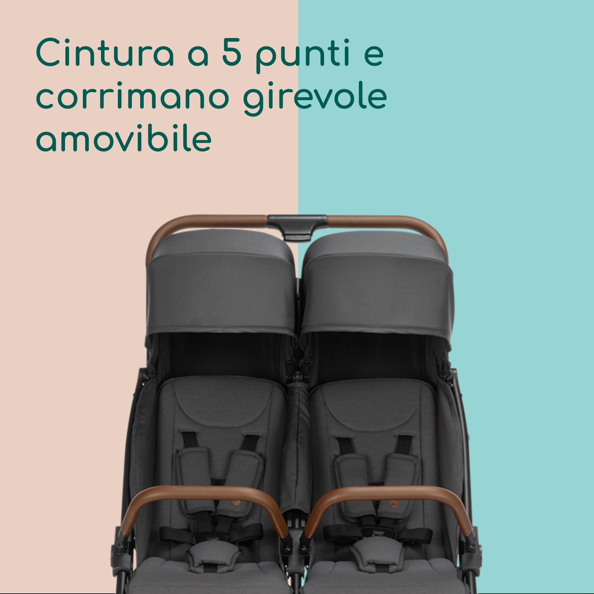 Bebeconfort Mane Passeggino Gemellare Leggero, 0-22 kg, Chiusura Automatica, Passeggino Doppio Pieghevole e Reclinabile, Corrimano, Parapioggia, Cestello Capiente (8 kg), Mineral Graphite