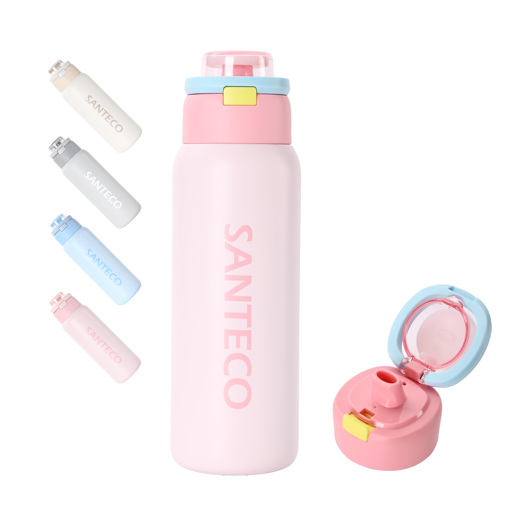 SANTECO Trinkflasche 750ml Edelstahl Thermosflasche Strohhalm Auslaufsicher | Isolierte Trinkflasche Edelstahl, 2-in-1 Trinkdesign mit Strohhalm, auslaufsicher, BPA-frei, 24h kalt/12h heiß