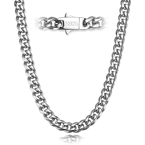 5MM Cuban Link Chain for Men Women 316L Stainless Steel Based with 925 Sterling Sil...