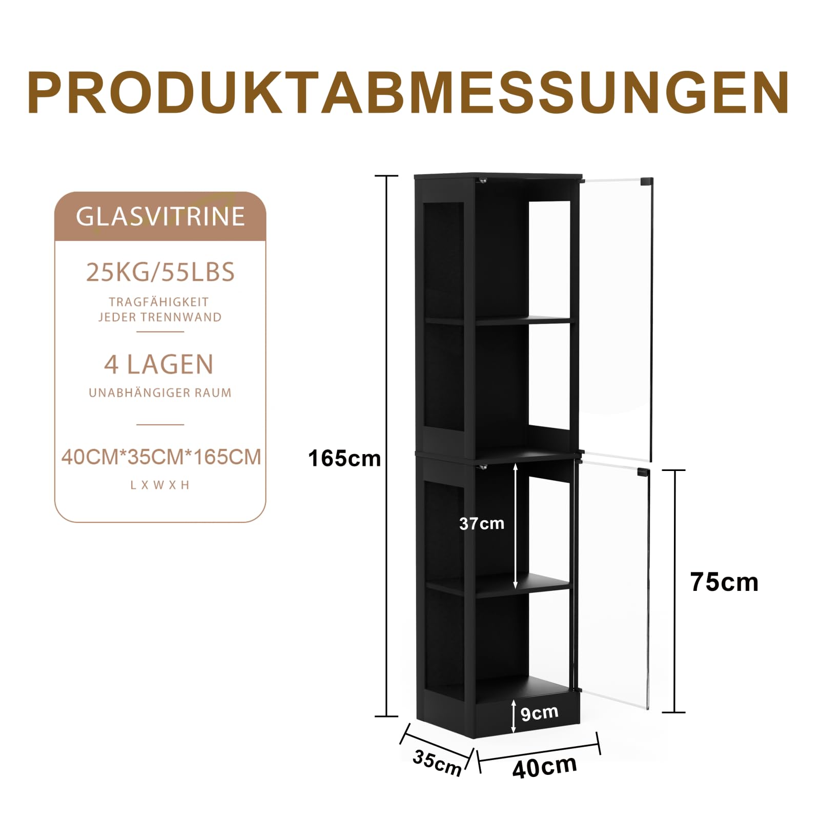 Glasvitrine Vitrine mit LED Beleuchtung & Intelligente Sensorik, 4-Lagen Standvitrine Sammlervitrine für Wohnzimmer Schlafzimmer Büro, Schwarz,40x35x165cm