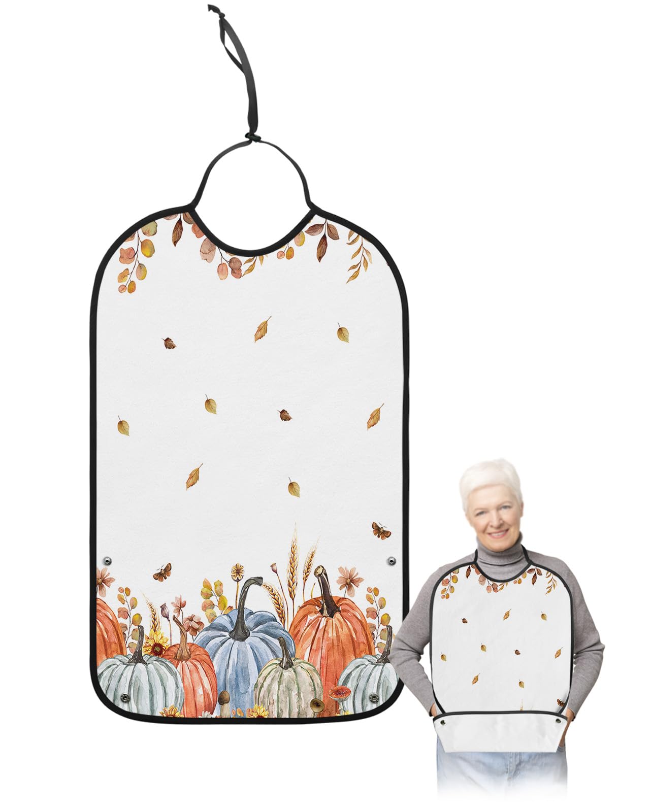 Fall Thanksgiving Adult Bib for Eating with Crumb Catcher,Washable & Waterproof Terry Cloth Adjustable Elderly Women Men Bibs Funny Clothing Protector Teal Orange Pumpkins Eucalyptus Leaves White
