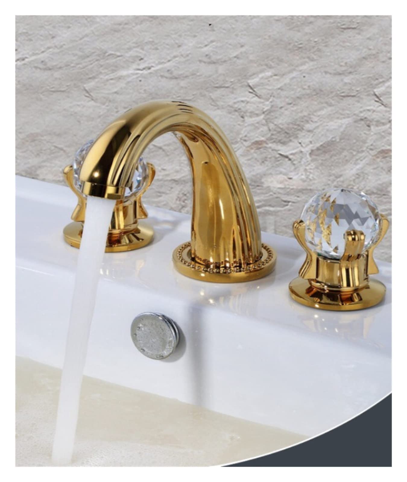 Robinet de lavabo 8 pouces JCAKES : mitigeur 3 trous en laiton doré et cristal pour salle de bain