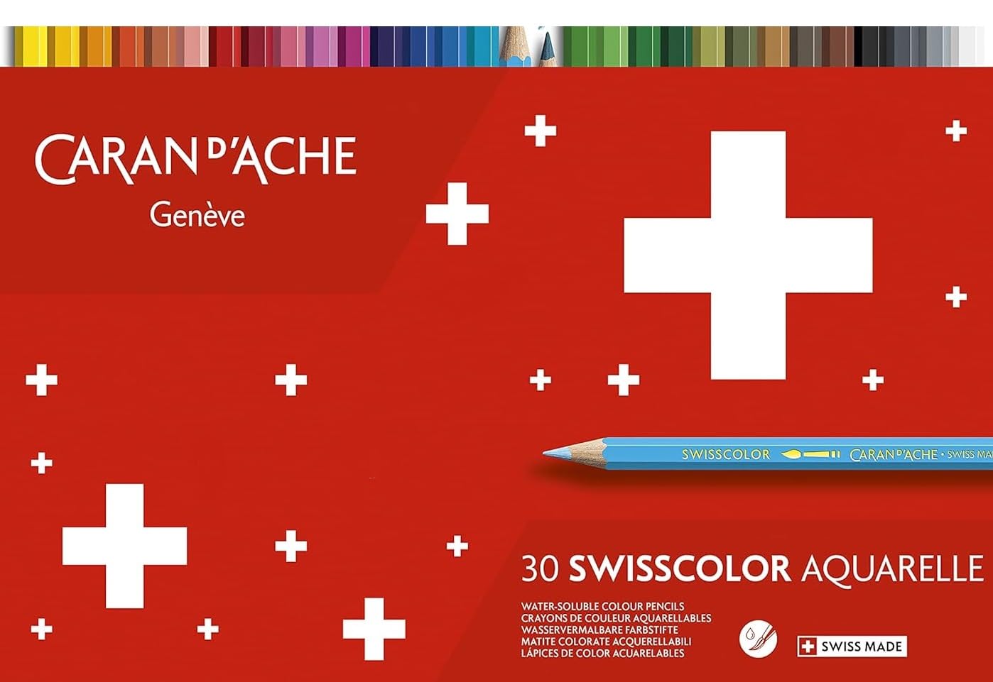 Caran D'ache Swisscolor - Matite acquerellabili in scatola di metallo, confezione da 30 pezzi e 2 carte