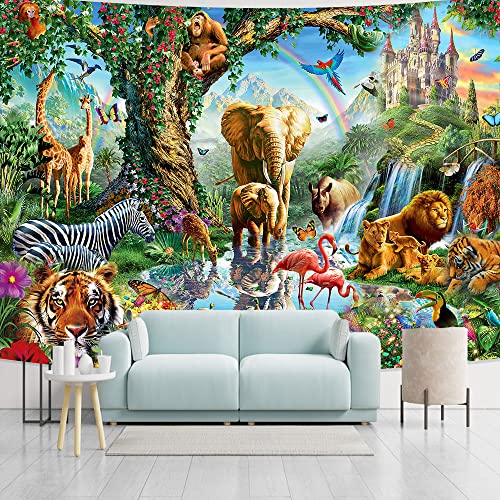 Nterc Tropical Forest Tapestry Safairi Animal Elephant Tiger Lion Giraffe Monkey African Rainforest Jungle Castle Wall Hanging 80"X60" Flannel Home Aesthetics Wall Blankets Kids Room Dorm Decor Gtrlrc965 #TOP1