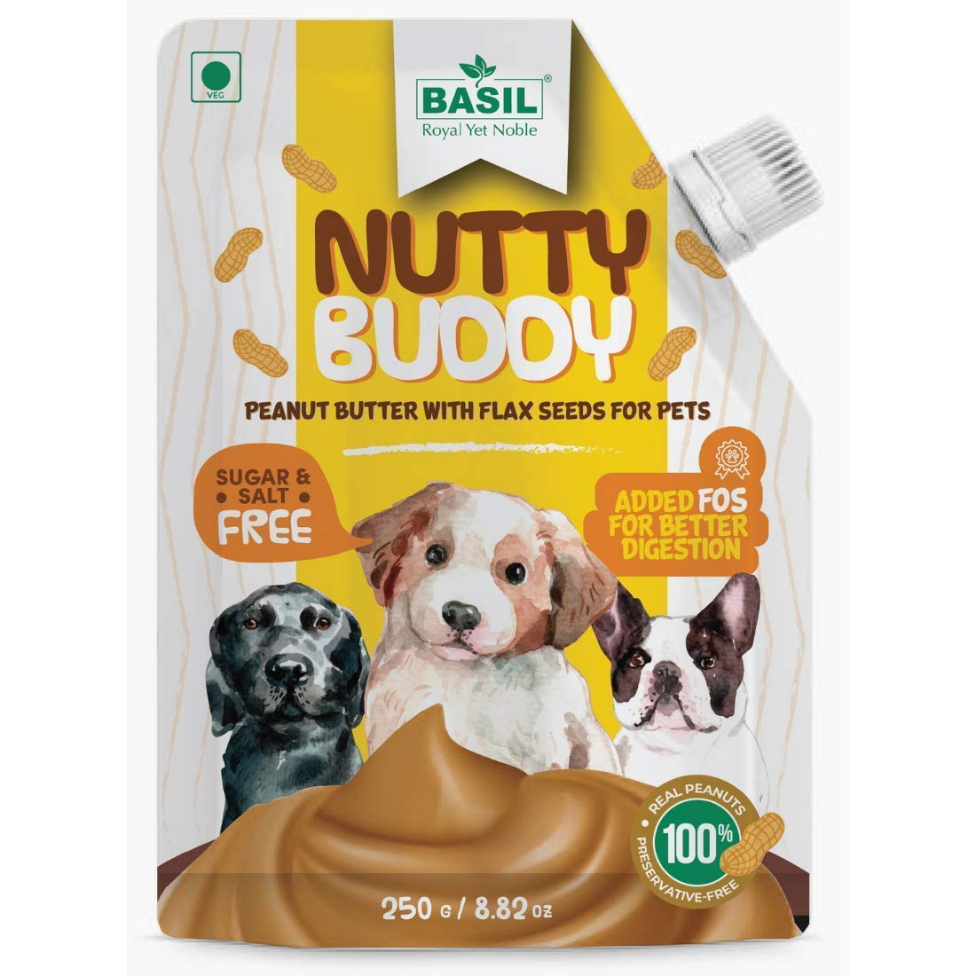 Woofs-n-Wags, Basil One Frame Retail Nutty Buddy Peanut Butter with Flax Seeds for Dogs Pets 250 gm (Unsalted & Unsweetened) (Pack of 1)