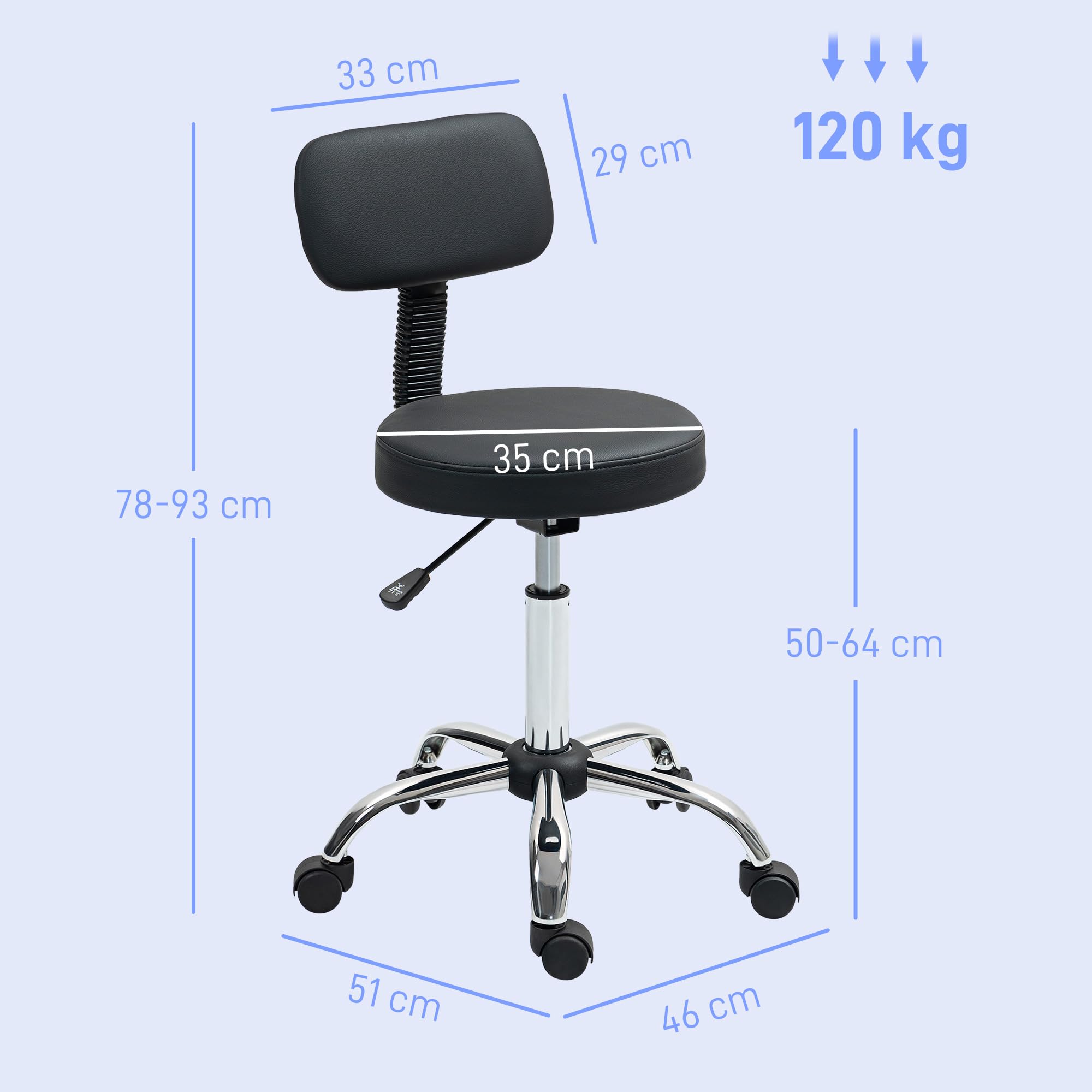 HOMCOM Taburete con Ruedas Giratorio, Taburete de Trabajo con Respaldo Desmontable, Altura Regulable, Tapizado en Cuero Sintético, para Oficina, Dormitorio, Negro