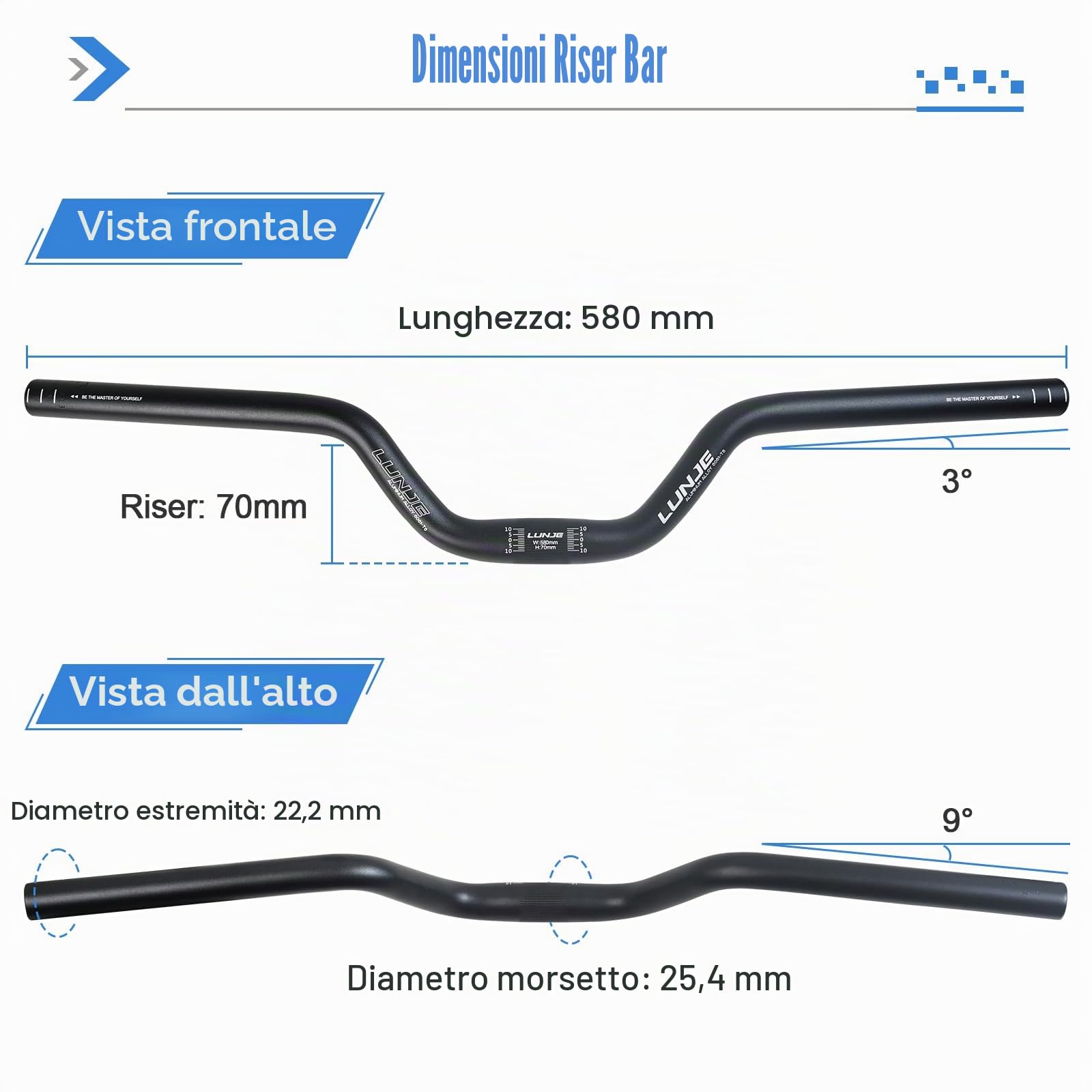 Manubrio per Bicicletta 25,4 * 580mm in Lega di Alluminio Manubrio bici 70mm Riser Bars per Bici da Strada Mountain Bike MTB