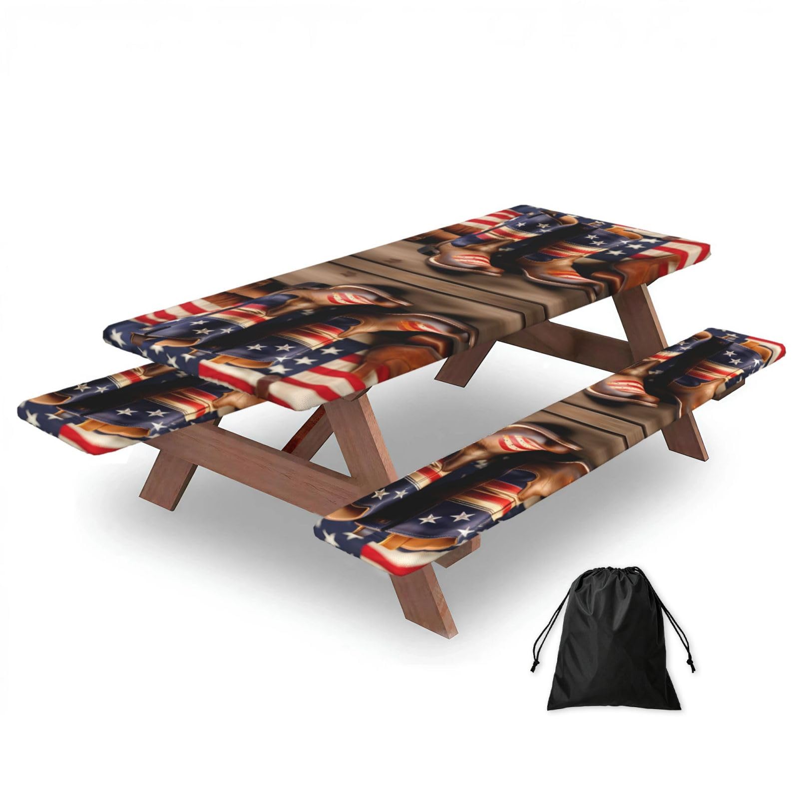 Zyjhyy Black American Flag With Cowboy Boots Print Party Table Covers With Bench Covers Set Of 3 Picnic Table Cloth Wipe Clean For Garden Camping