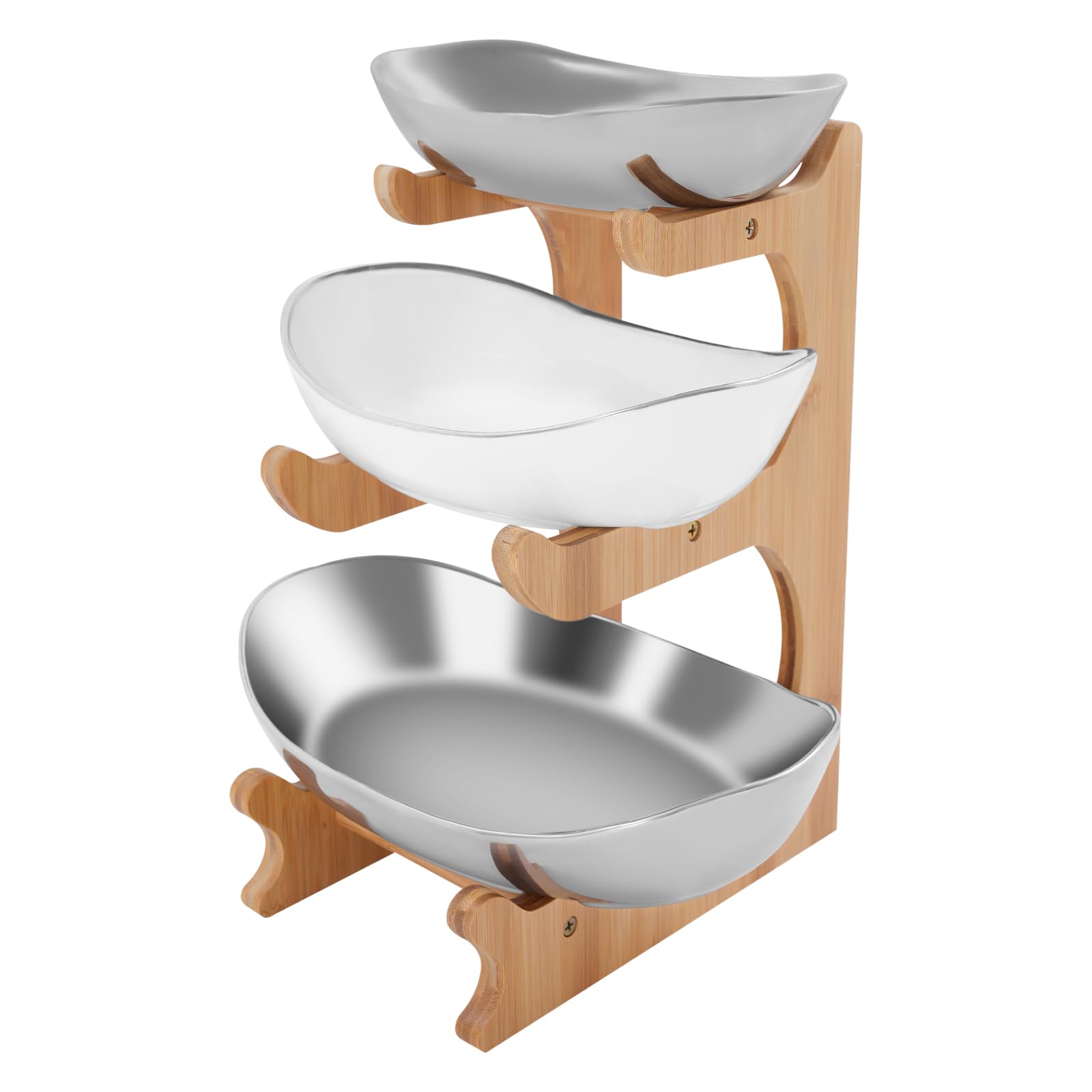 Rogowsen 3 Tier Fruit Bowls, Ceramic Fruit Bowls with Bamboo Rack, Countertop Vegetable Basket Serving Tray, for Kitchen Vegetable Snacks Candy Storage
