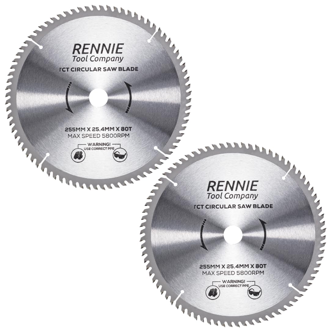 Rennie Tools - Confezione da 2 lame circolari per legno, 255 mm x 80T x 25,4 mm, foro TCT, adatte per seghe Evolution e Evolution Rage. Lame per sega da 255 mm, foro da 25,4 mm con 80 denti