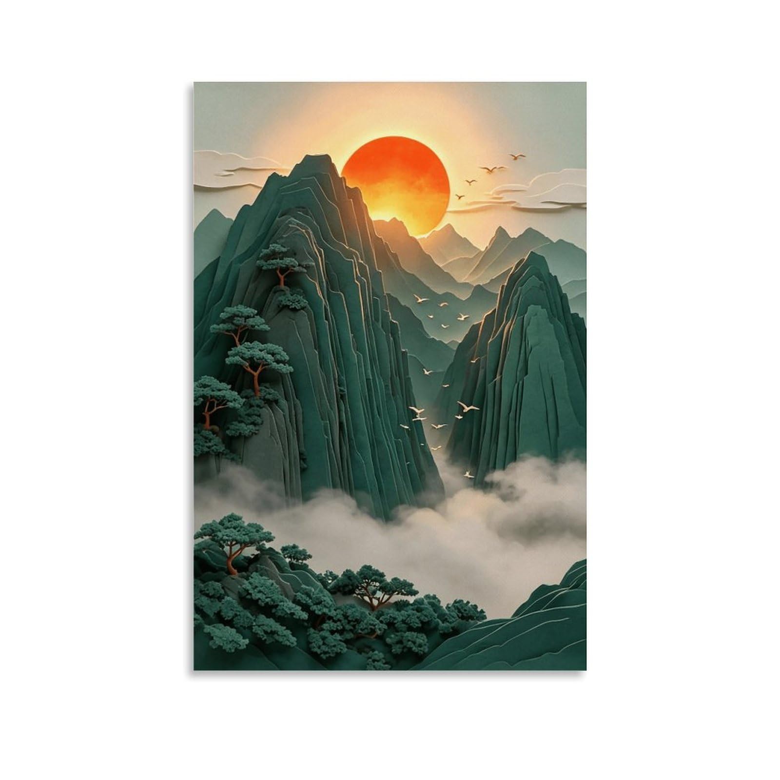 MGHTGRWE Eastern Tiered Misty Peak Sunset Motif 03 Poster Wall Art Canvas Vintage Aesthetic Painting Decor for Rooms 12x18inch Unframe-style