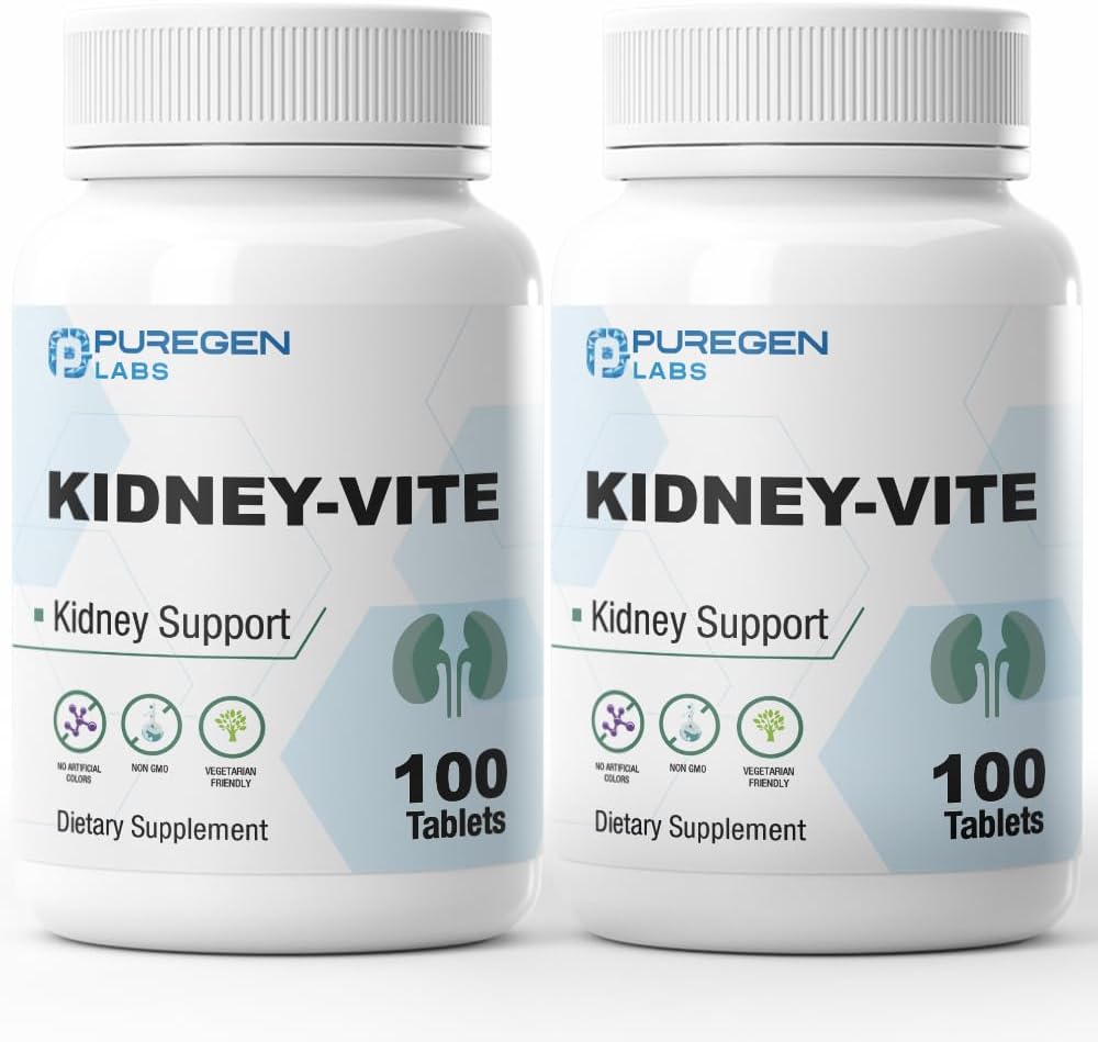 Puregen Labs Kidney-Vite | Premier Kidney, Renal Support | Non-GMO, Gluten-Free, No Artificial Color Additives | 2 Pack – Total 200 Tablets