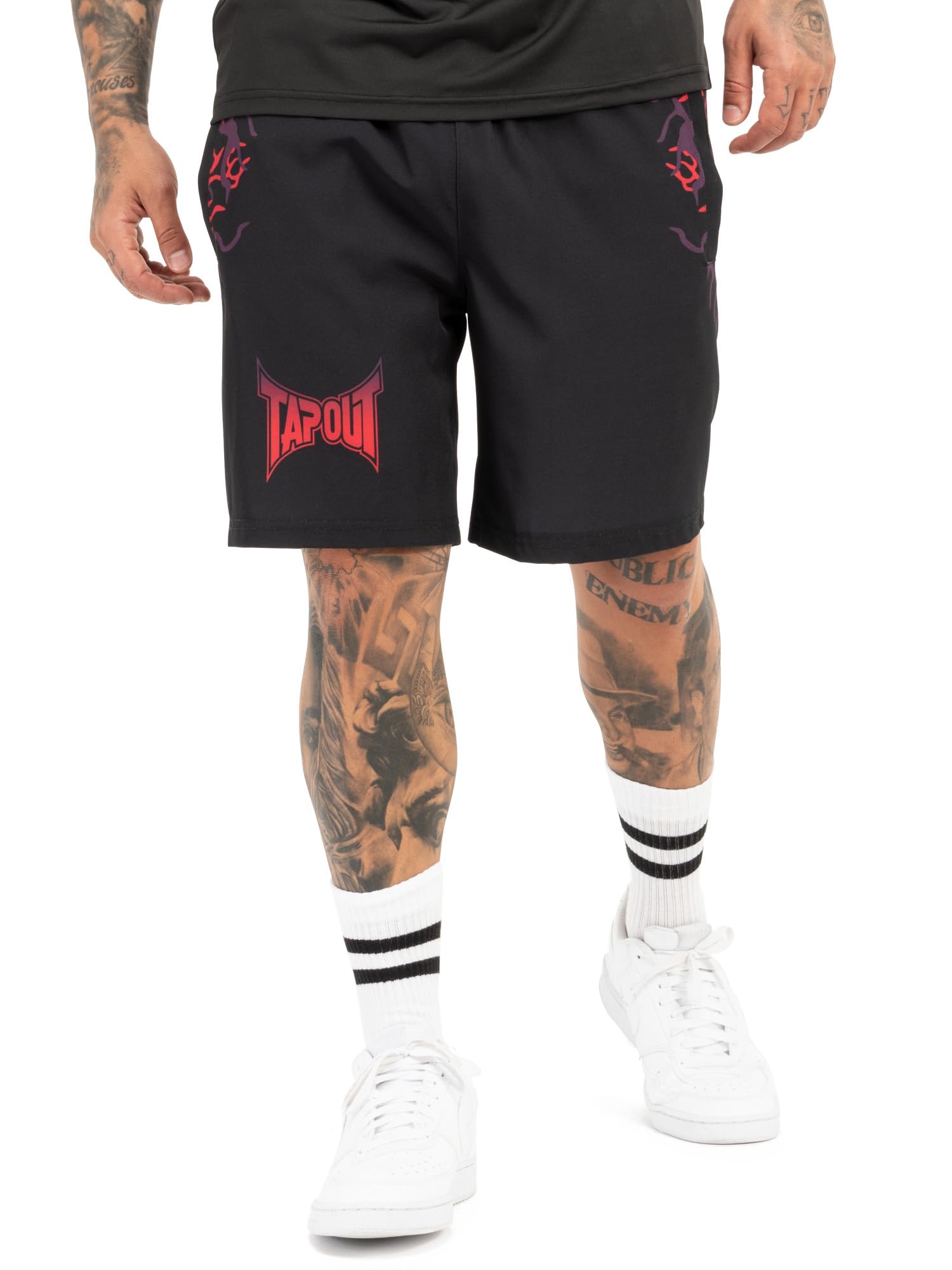 Tapout Taproot 940086 Men's Functional Shorts, Regular Fit, Black/Red/Aubergine, L, Black/Red/Aubergine, L