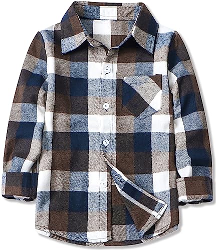 Kids Toddlers Little & Big Boys Girls Plaid Button Down Long Sleeve Flannel Shirt Tops, Flannel# Brown + Navy, 2-3 Years = Tag 100