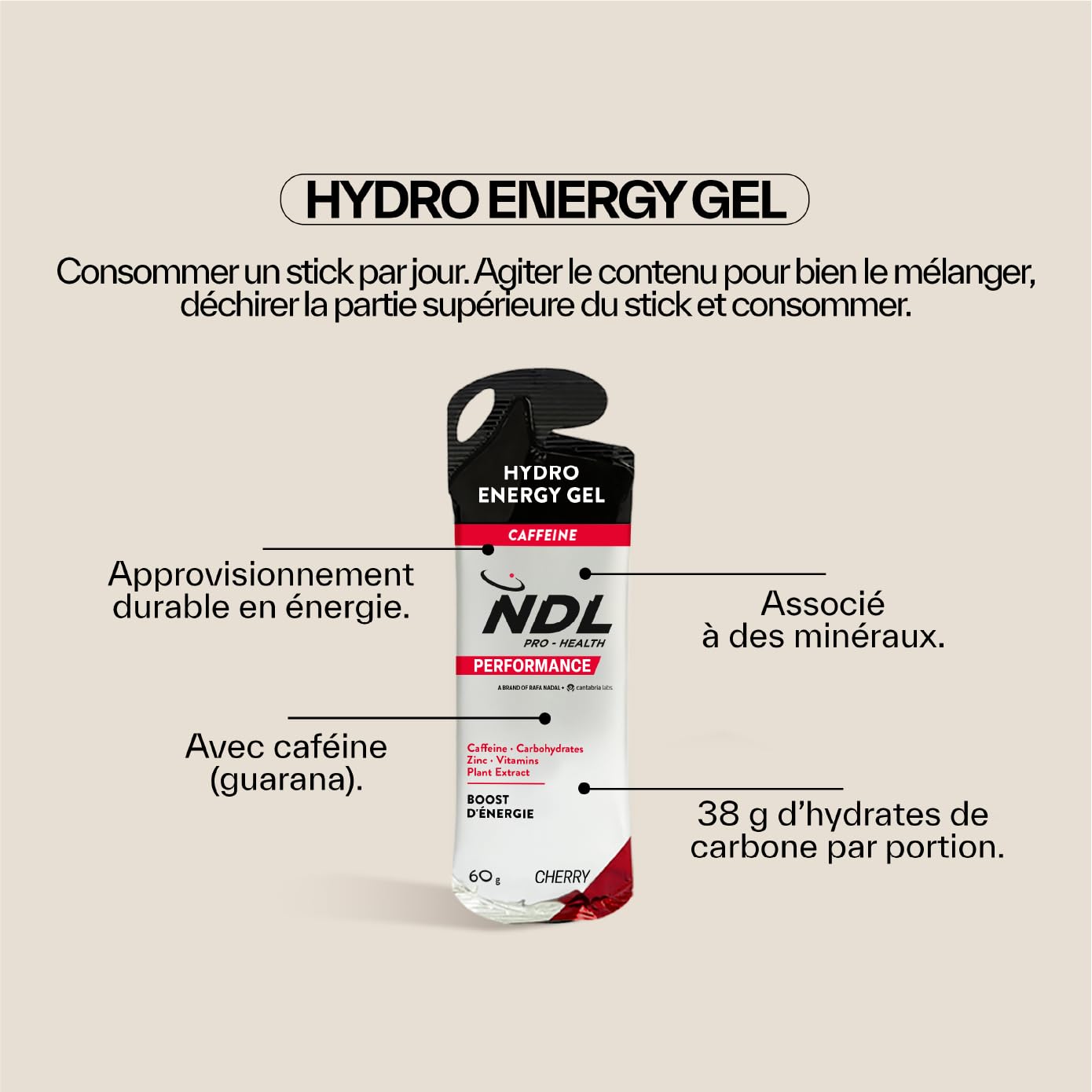 NDL Pro-Health Gel Énergétique avec caféine | énergie pour sport | CHERRY | énergie rapide pour sport d’endurance, glucides et électrolytes, 12x60 g – Rafa Nadal & Cantabria Labs