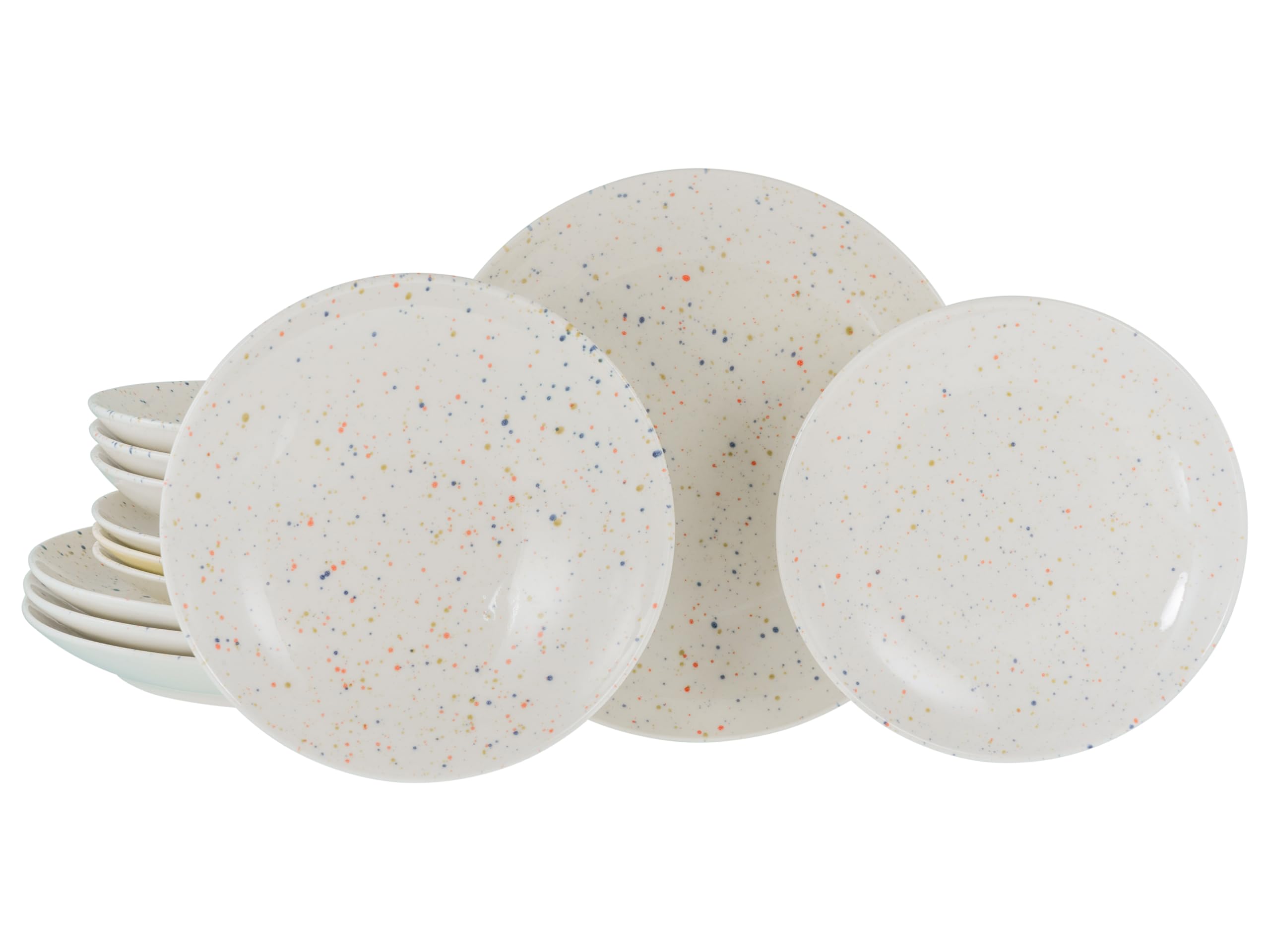 CreaTable, 24264, Serie Confetti Weiss, 12-teiliges Geschirrset für 4 Personen, Teller Set aus Steinzeug, spülmaschinen- und mikrowellengeeignet, Qualitätsproduktion