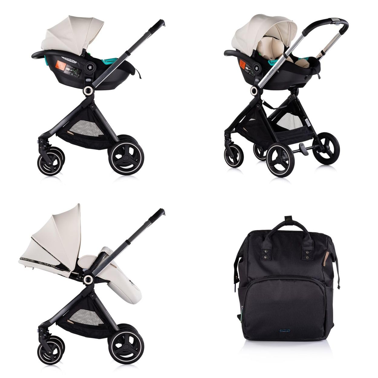 Chipolino Wózek dziecięcy Elite 3 w 1 i-Size, fotelik dziecięcy, fotelik sportowy, gondola dla niemowląt, torba, kolor: czarny beżowy