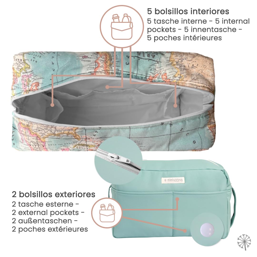 MIMUSELINA Borsa Passeggino Senza Ganci | Borsa per Passeggino Impermeabile e di Grande Capacità con 7 Tasche | Organizzazione Totale e Uso a Spalla | Prodotta in Spagna