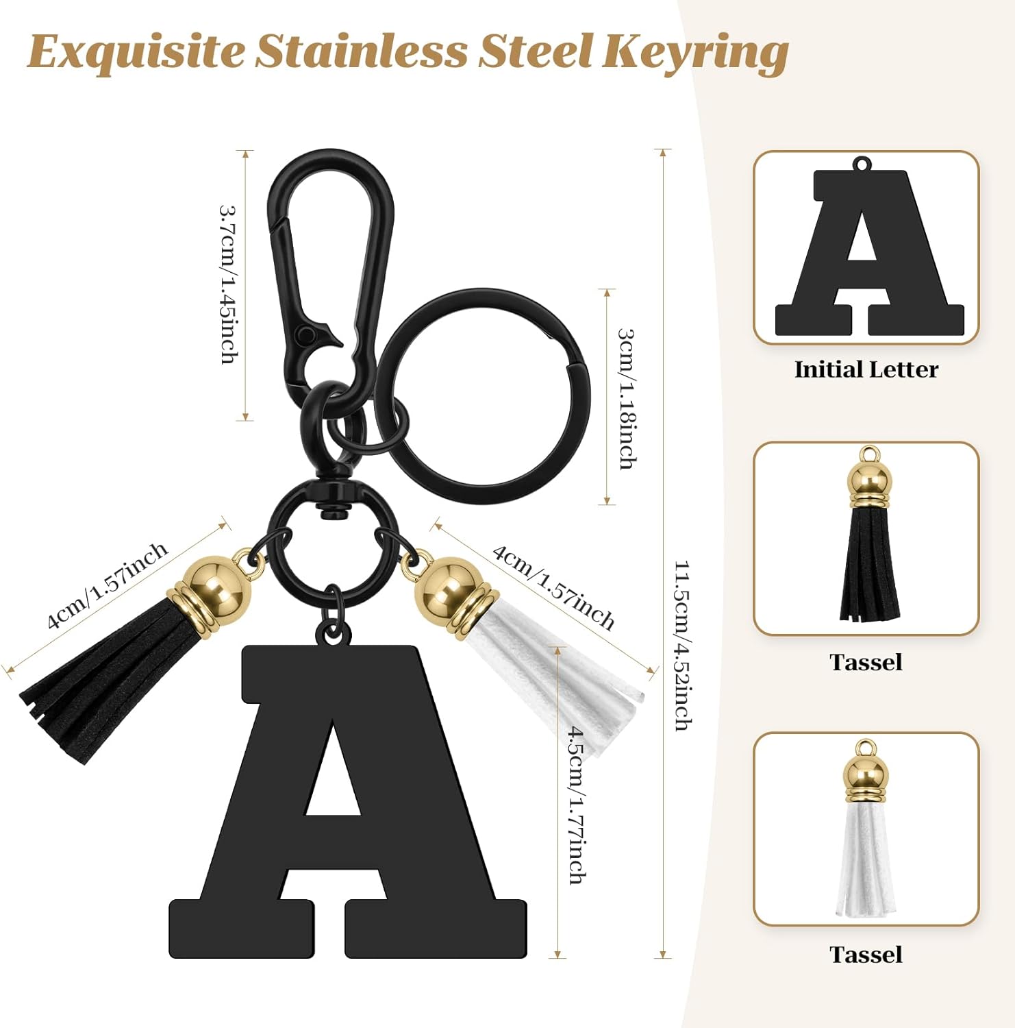 Dabihu イニシャル文字キーホルダー ハンドバッグ 財布 財布 バックパック ブラック A-Z アルファベット キーリング メタ