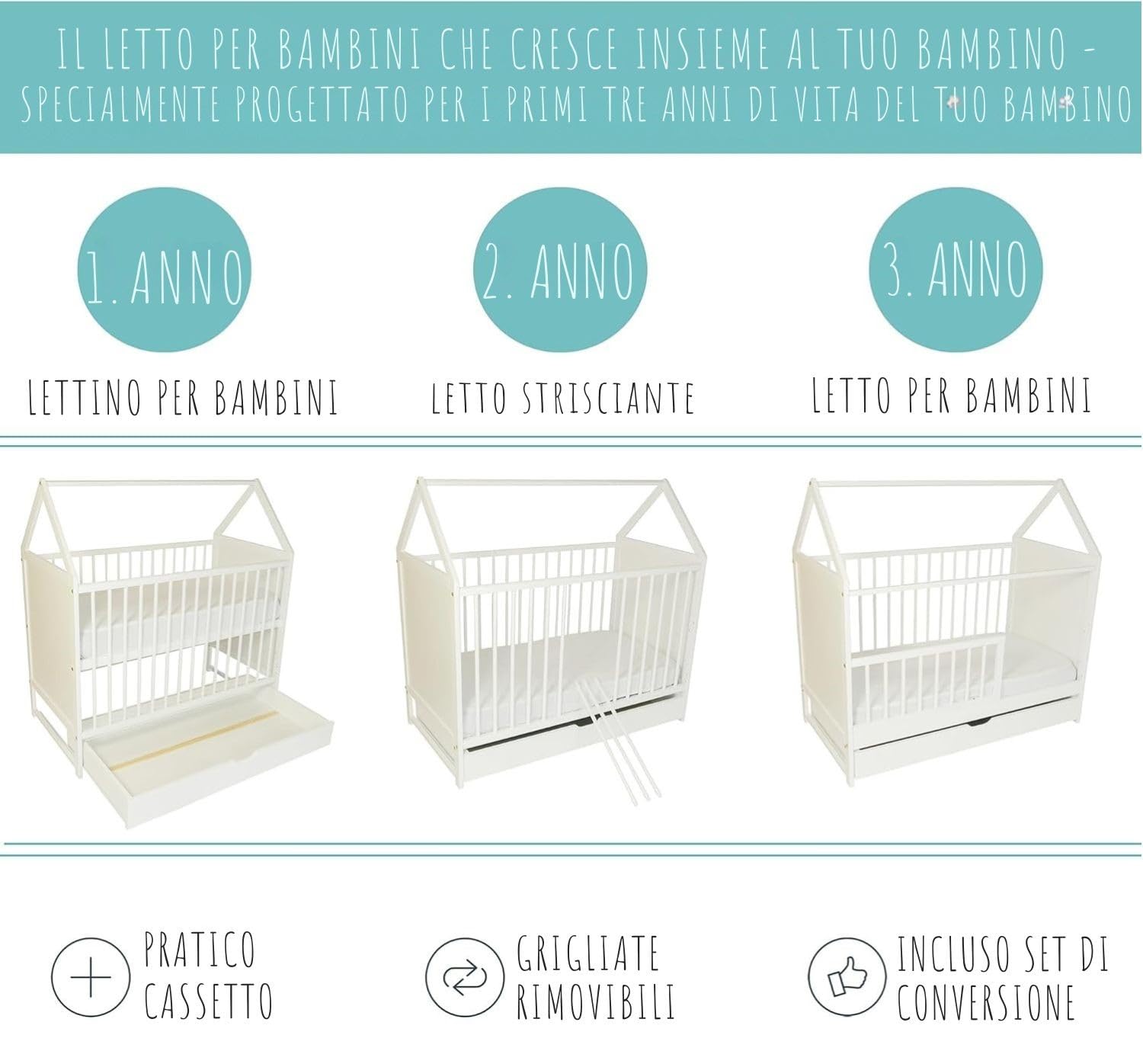 Lettino per bambini Letto per bambini 60x120 cm con cassetto Lettino 120x60 cm bianco con cassetto, regolabile in altezza e trasformabile per bambini, bambine e ragazze dalla nascita a 3 anni