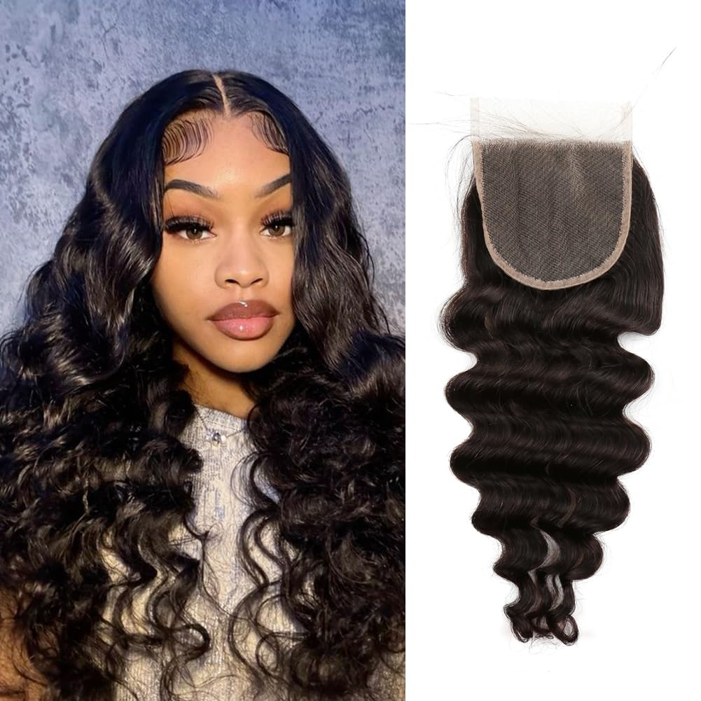 Remy Human Hair 4x4 Loose Deep Wave Lace Closure Human Virgin Hair Piece Free Part with Baby Hair Natural Color 14"
